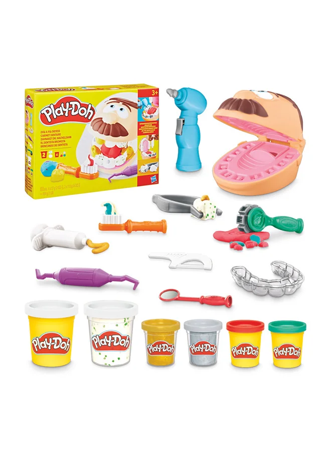 هاسبرو Doctor Drill 'n Fill Dentist Playset - Pretend Dental Tools, Create Teeth, Braces, and Fill Cavities, Includes 6 Play-DohMetallic Colored Modeling Compound Colors, 2 Ounces Each, Ages 3+