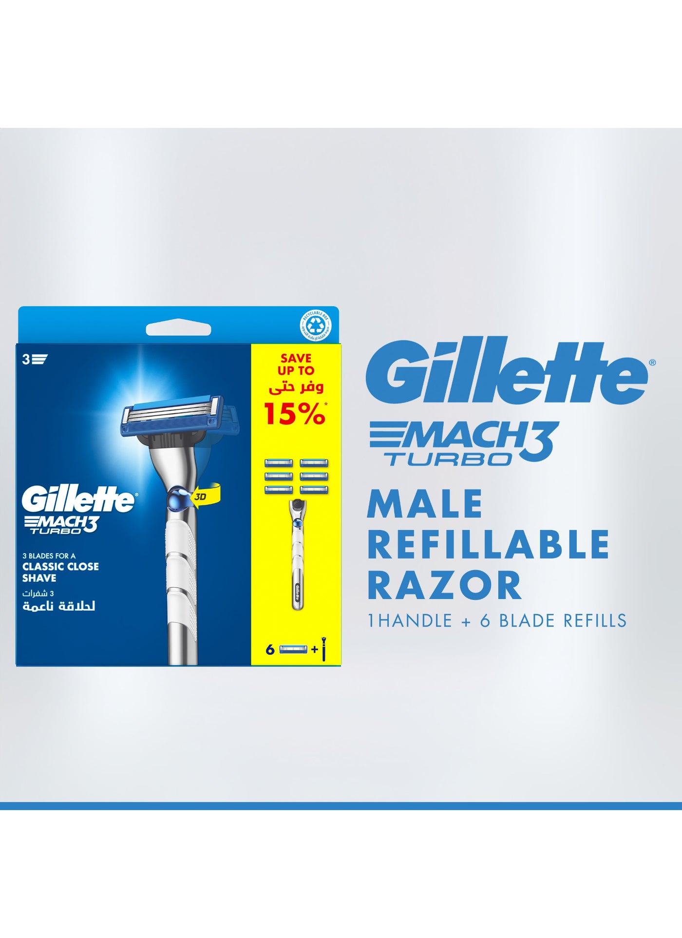 Gillette Mach3 Turbo 3D Ball Razor Handle With 6 Blades