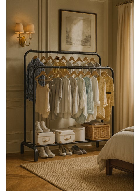 منظم ملابس وحامل معدني مقاس 150×110×54 سم لون أسود أسود 110x53x150سم