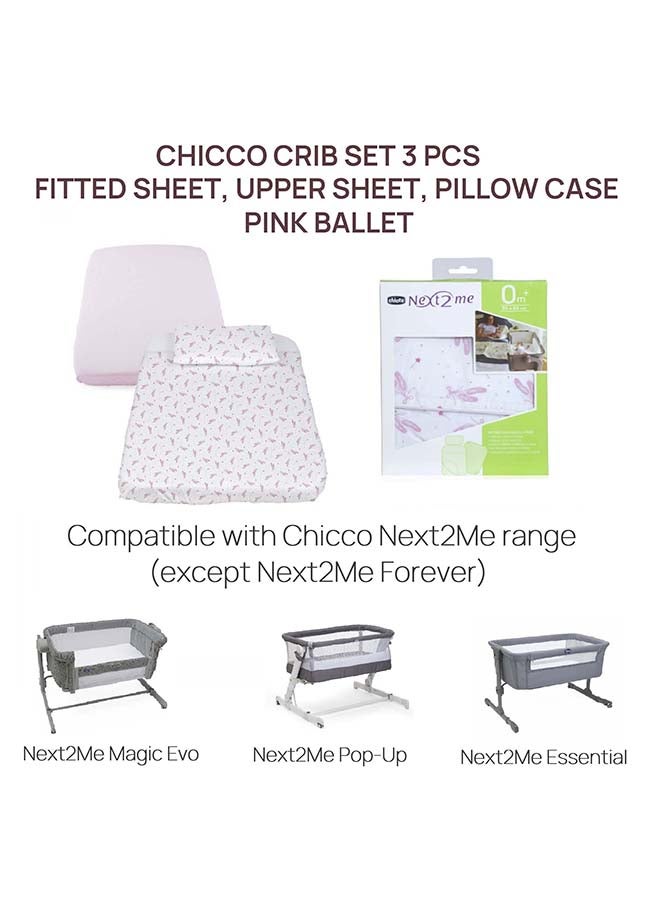 Chicco - Crib Set 3 Pcs (Fitted Sheet, Upper Sheet, Pillow Case) For Next2Me Air/Magic, Pink Ballet - Image 1