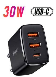 بيسوس شاحن سريع بتقنية PD بمنفذ USB C بقدرة 30 وات ومنفذ Type-C ومنفذ مزدوج ومحول جداري بتقنية الشحن السريع 3.0 بقابس أوروبي، مناسب لأجهزة آيفون 13 و12 و12 ميني و12 برو و12 برو ماكس وهواتف جالاكسي وأجهزة بكسل 4/3 وآي باد برو وسماعات آيربودز برو وغيرها لون أسود.  - Image 1