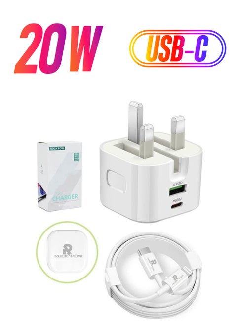 20W UK Type C Fast Charger Adapter with Lightning Cable White