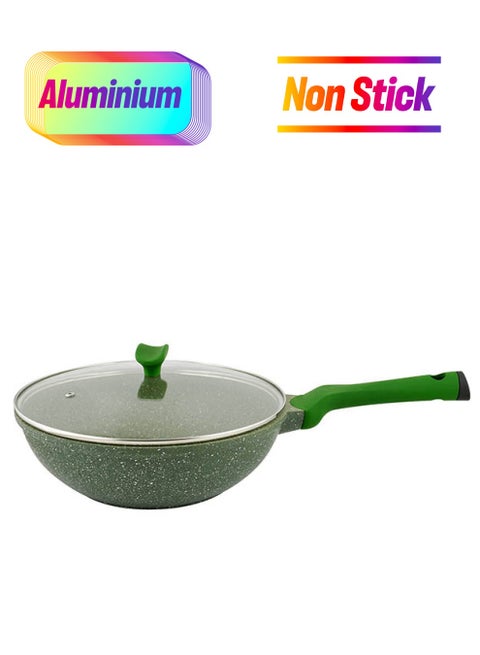 Granite Non-Stick Aluminium Wok Pan With Lid Green 28cm