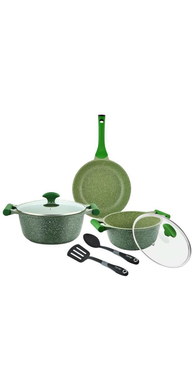 برستيج طقم أواني طهي مانعة للالتصاق من الألومنيوم والجرانيت من مجموعة إسينشالز من 7 قطع أخضر / شفاف / أسود - Image 1