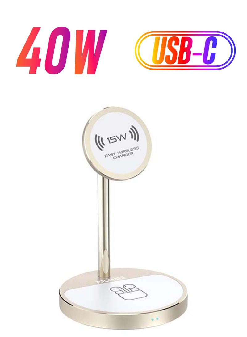 PROMATE iPhone14 Wireless Charger, 40W High Output Wireless Charging Station With 15W Magnetic Wireless Charger, 20W USB-C Power Delivery and Anti-Slip 5W AirPods Wireless Charger Pad for iPhone 12, AirPods Pro, USB Devices, AuraBase-PD20 UK Gold  - Image 1