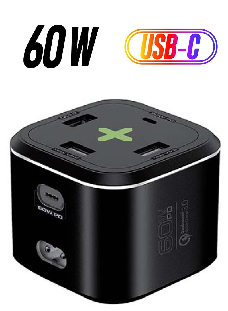 PROMATE iPhone14 USB-C Charging Station, Multi-Port Hub with 60W/20W Dual USB-C Power Delivery, 2.4A Dual USB and Quick Charge 3.0 Ports, PowerCube-PD80 Black  - Image 1