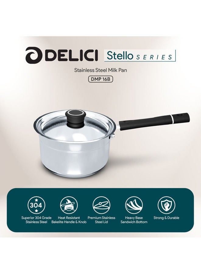 DELICI Stainless Steel Milk Pan 16cm (DMP 16B), Heat Resistant Handle & Knob, Premium Lid, Easy To Pour Flared Rim, Heavy Base Sandwich Bottom, 304 Grade, Sleek Exterior, Oven Safe, Non-Stick Interior Silver/Black 16cm - Image 1