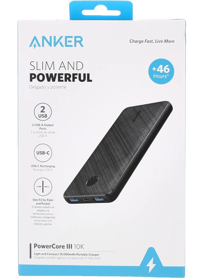 Anker - 10000 mAh Power Core III 10K Slim And Powerful Portable Battery With Two USB-A Port Outputs And One USB-C PD Input 12 watt Black - Image 1