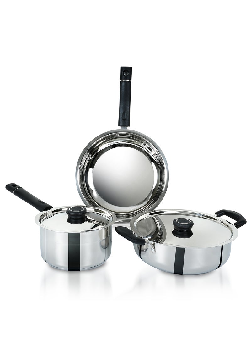 DELICI - 5-Piece Stainless Steel Cookware Set (DSK 5B),304 Grade, Oven Safe, Dishwasher Safe, Includes 22cm Fry Pan, 22cm Kadai Pan with Lid, 16cm Milk Pan with Lid Stainless Steel - Image 1