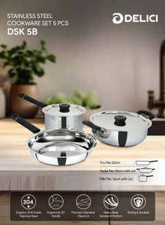 DELICI 5-Piece Stainless Steel Cookware Set (DSK 5B),304 Grade, Oven Safe, Dishwasher Safe, Includes 22cm Fry Pan, 22cm Kadai Pan with Lid, 16cm Milk Pan with Lid Stainless Steel  - Image 2