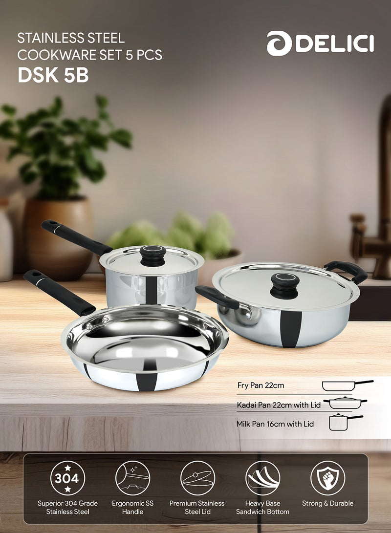 DELICI - 5-Piece Stainless Steel Cookware Set (DSK 5B),304 Grade, Oven Safe, Dishwasher Safe, Includes 22cm Fry Pan, 22cm Kadai Pan with Lid, 16cm Milk Pan with Lid Stainless Steel - Image 1