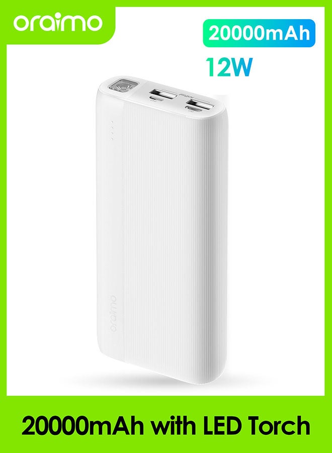 Oraimo 20000 mAh Traveler 4 Power Bank with 2.1A Fast Charging,Type C &Micro Dual Input &Dual USB Output,Multi-Layer Protection with LED Torch White - Image 1