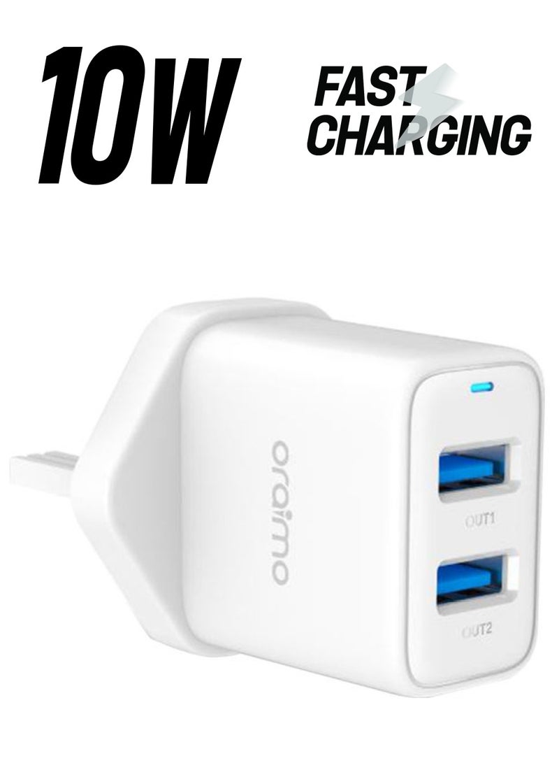 أورايمو مجموعة شاحن USB الجداري الثنائي السريع فايرفلاي مع كابل أبيض - Image 1