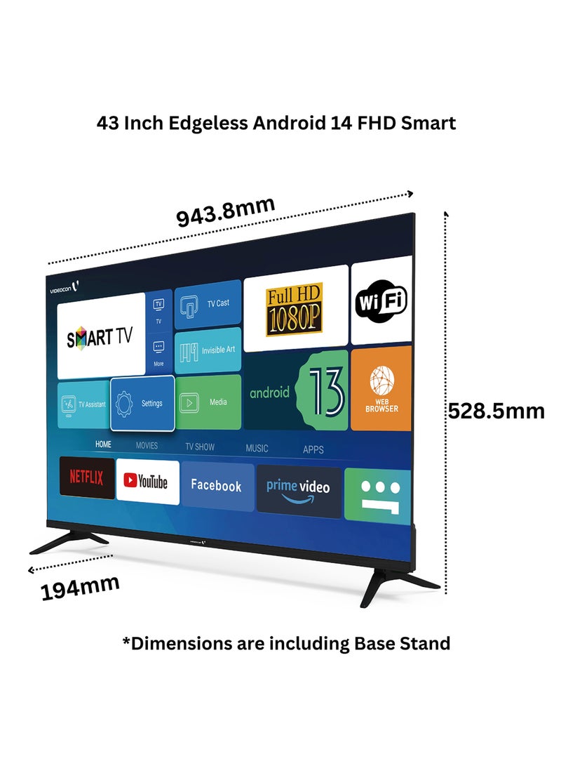 VIDEOCON - 43 Inch Edgeless Android 14 Full HD Smart TV Netflix, Youtube, Amazon Prime Etc E43EL1100 Black - Image 1