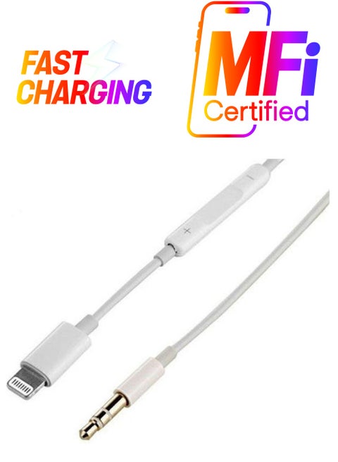 Lightning To 3.5 AUX Audio Wire Control Adapter 1.0 Meter Cable White