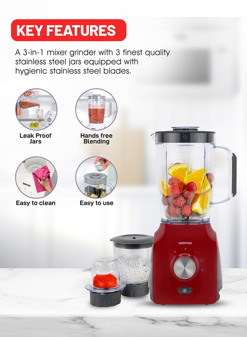 GEEPAS - 3-In-1 Blender With Stainless Steel Blades, Turbo Button For Ice Crushing, 3 Speed With Pulse Function, Overheat Protection, Powerful Motor 1.8 L 600 W GSB44034N Multicolour - Image 1
