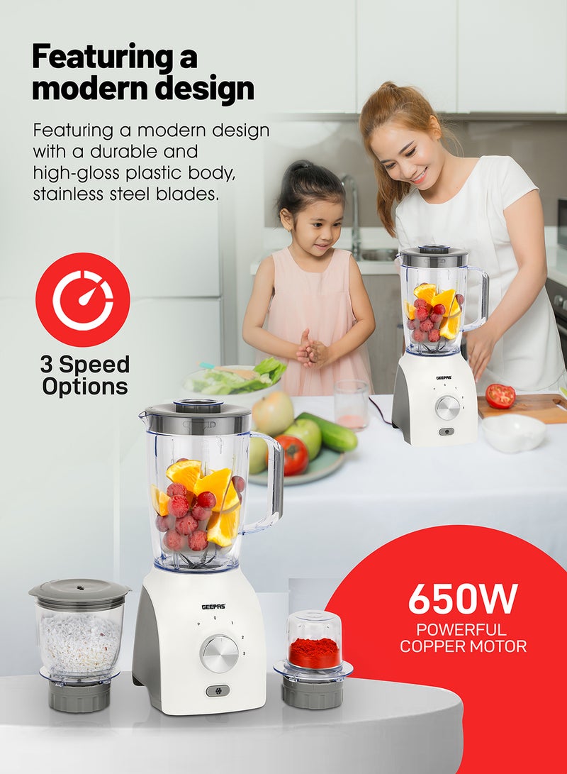 GEEPAS - 3-In-1 Blender With Stainless Steel Blades, Turbo Button For Ice Crushing, 3 Speed With Pulse Function, Overheat Protection, Powerful Motor 1.8 L 600 W GSB44034N Multicolour - Image 1