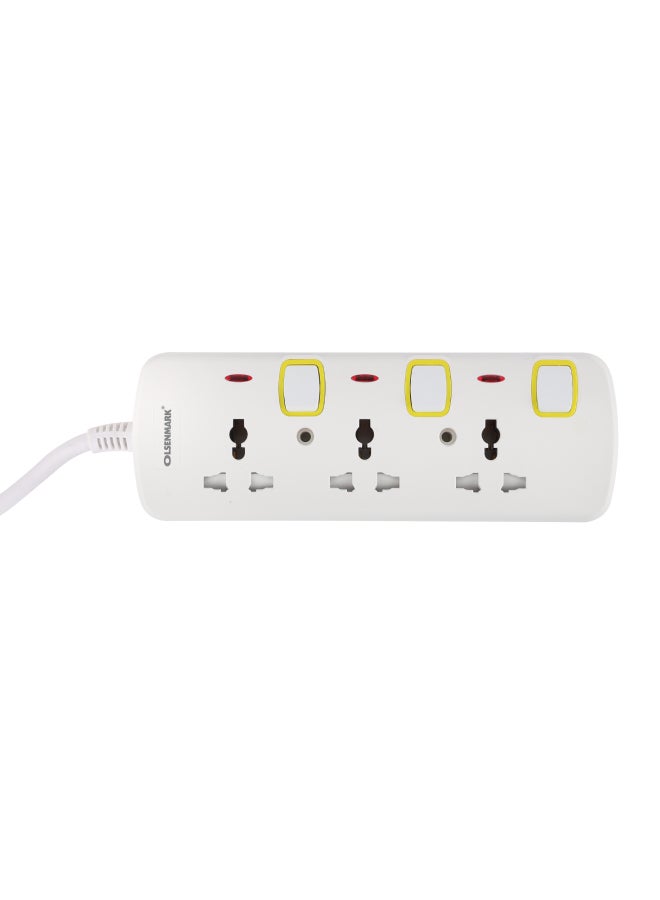 Olsenmark 3 Way Power Socket with Individual Switches- OMES1727D, Equipped with Fire Proof Housing, and Child Safety Shutter, 3 meter Extension Cord, Ideal for Home, Office White - Image 1
