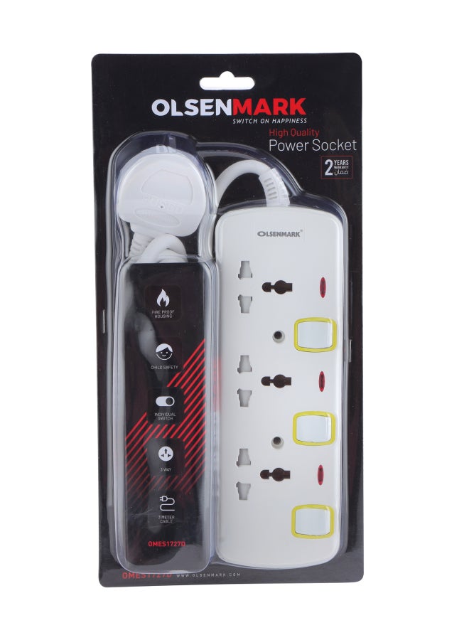 Olsenmark 3 Way Power Socket with Individual Switches- OMES1727D, Equipped with Fire Proof Housing, and Child Safety Shutter, 3 meter Extension Cord, Ideal for Home, Office White - Image 4