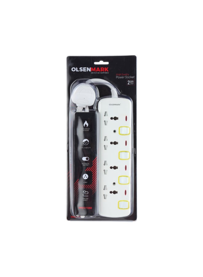 Olsenmark - Olsenmark 4 Way Power Socket with Individual Switches- OMES1728D, 3-meter Extension Cord White 0.709kg - Image 1