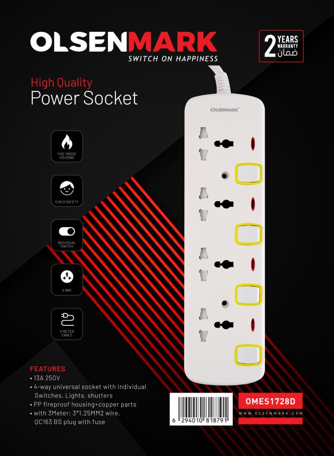 Olsenmark - Olsenmark 4 Way Power Socket with Individual Switches- OMES1728D, 3-meter Extension Cord White 0.709kg - Image 1