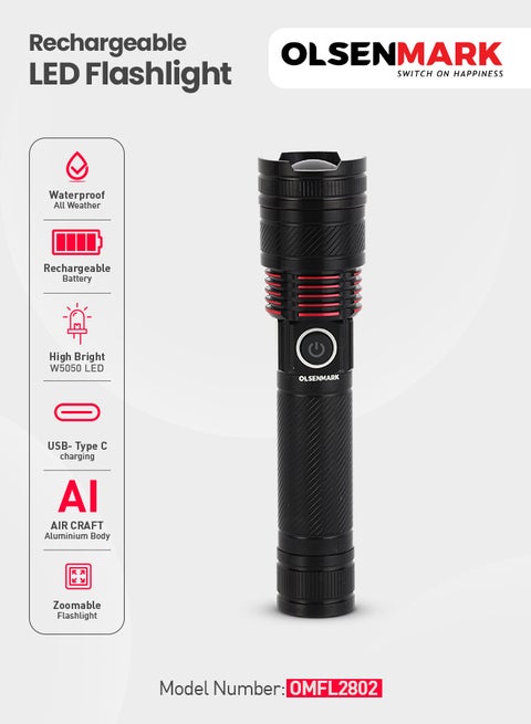 Rechargeable LED Flashlight with Long Distance Coverage/Aluminum Housing, All Weather Waterproof /On and Off Modes, Perfect for Indoor and Outdoor Use, Continuous Working Grey