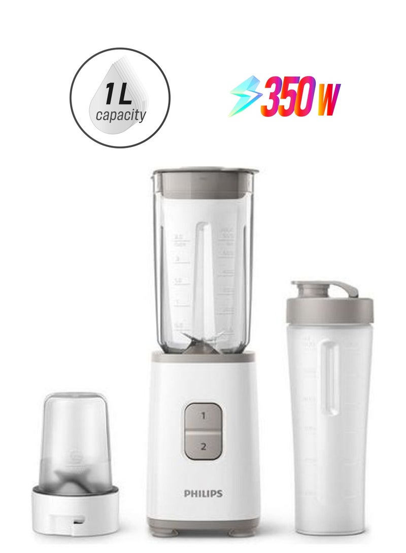 Philips - Plastic Jar Mini Blender - 2 Speed Settings, Includes Chopper + Tumbler, 1 L 350 W HR2603/01 White - Image 1