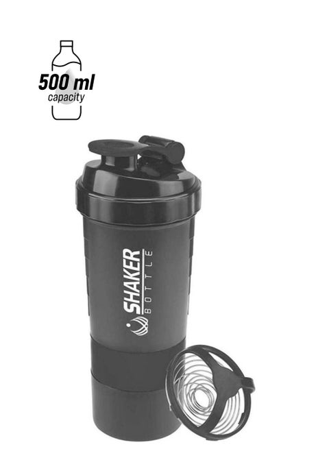 Protein Shaker Bottle With 3-Layer Twist And Lock Storage Black 500 ml