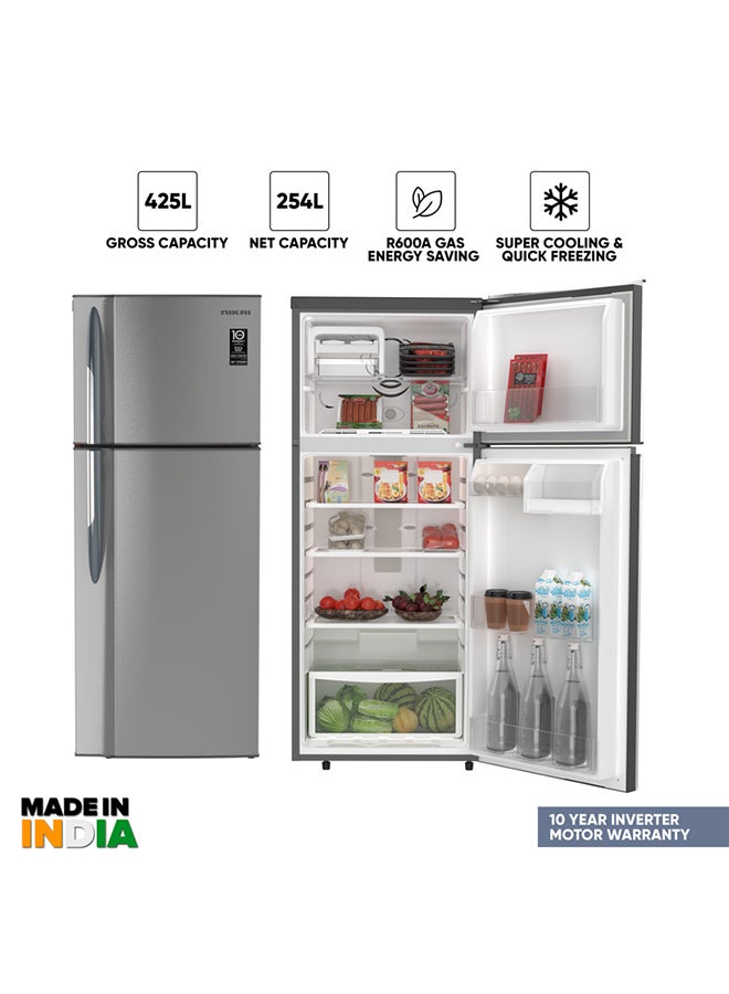 NIKAI 425L Gross / 254L Net, Double Door Top Mount Refrigerator, No Frost Fridge, Toughened Glass Shelves, R600A Refrigerant, Best For Home And Office, 10 Years Inverter Compressor Warranty, Made In India 400.04 kW NRF425FSS Grey - Image 1