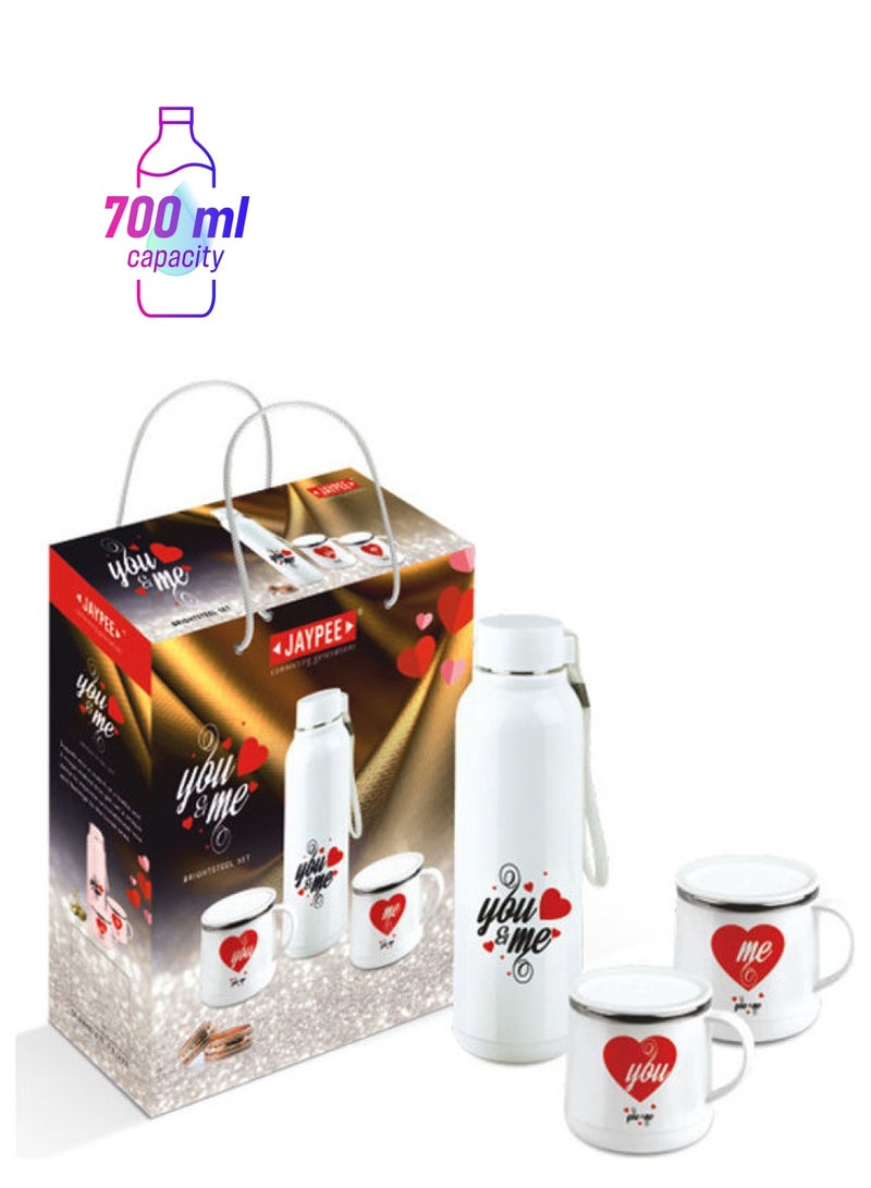 JAYPEE - 3 Piece Bright Steel Hot And Cold Insulated Bottle With Two Cups White/Red 700ml - Image 1