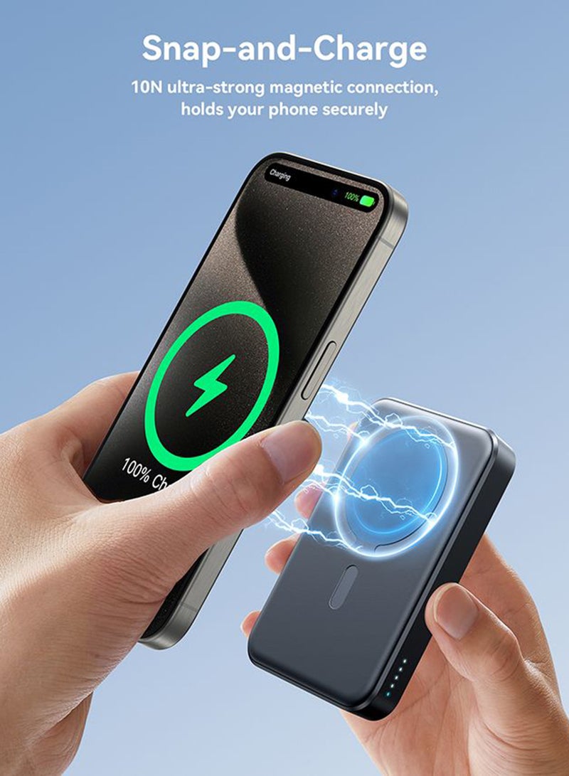 Magnetic Wireless Fast Charging Mini Power Bank 10000Mah | 15W Wireless + 20W Wired Fast Charging Capability, Auto Snap-On, Strong Magnetic Hold, Safe Heat Control Black