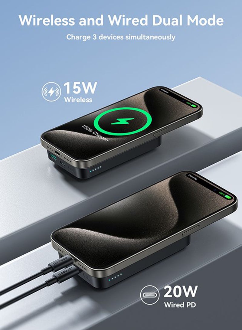 Magnetic Wireless Fast Charging Mini Power Bank 10000Mah | 15W Wireless + 20W Wired Fast Charging Capability, Auto Snap-On, Strong Magnetic Hold, Safe Heat Control Black