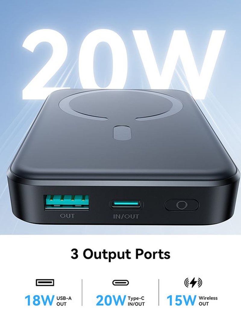 Magnetic Wireless Fast Charging Mini Power Bank 10000Mah | 15W Wireless + 20W Wired Fast Charging Capability, Auto Snap-On, Strong Magnetic Hold, Safe Heat Control Black