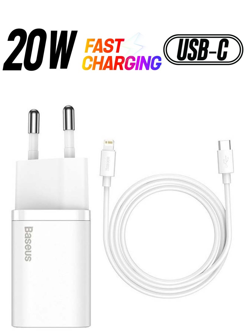 Baseus PD 20W USB C Charger EU Set for iPhone 13 Pro, iPad 2021 Type C Fast Charging Wall Plug with Type C To Lightning Cable Compatible for New iPad 9,iPhone 13 Pro/13 Pro Max/13/13mini/12 Pro/11 Pro, iPad Pro 2021 White  - Image 1