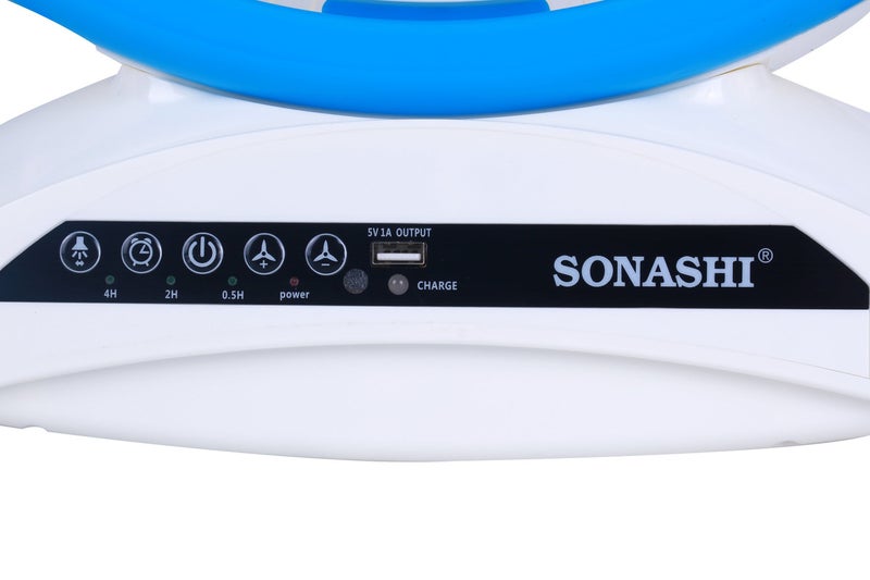 SONASHI - 14" Rechargeable Fan - Remote Control with LED Light | 3 Speed Settings - Low/Medium/High | USB Charging Feature with Continuous 20 Hours Working | Portable Fan SRF-614 Blue/White - Image 1