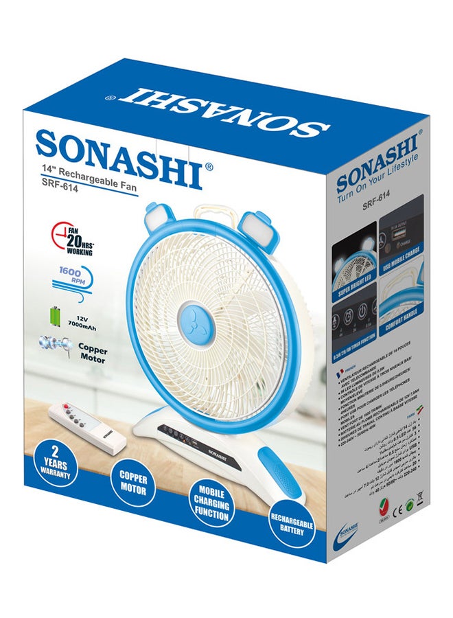 SONASHI - 14" Rechargeable Fan - Remote Control with LED Light | 3 Speed Settings - Low/Medium/High | USB Charging Feature with Continuous 20 Hours Working | Portable Fan SRF-614 Blue/White - Image 1