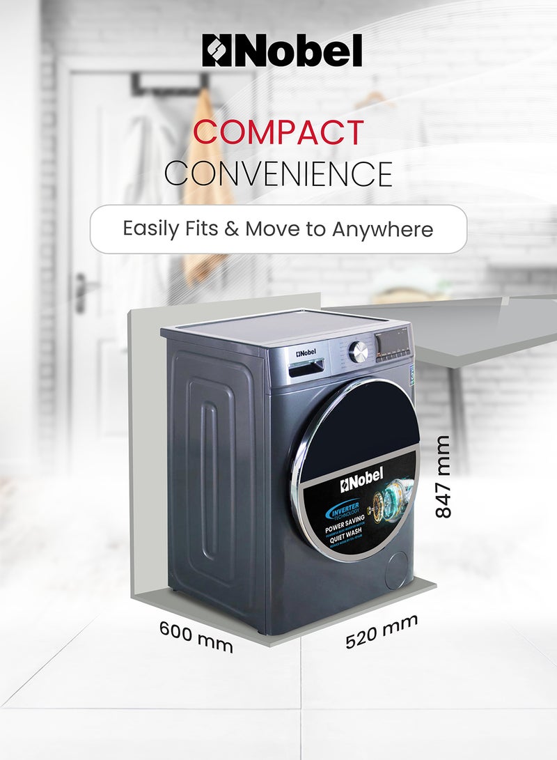 Nobel - 8/5 Combo Washer Dryer with 8KG Washing Capacity, 5KG 100% Dryer, One-Touch Program, BLDC Inverter Motor, Big LED Display, 1400 RPM, Extra Slim Space Pro, 54L Drum, One year Warranty NWM860FS Grey - Image 1