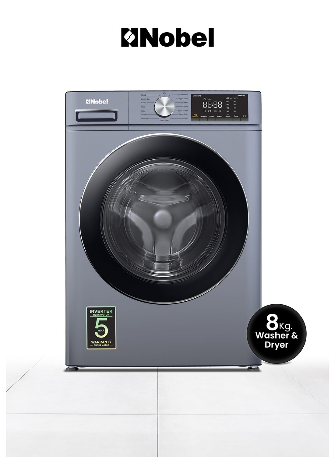 Nobel 8/5 Combo Washer Dryer with 8KG Washing Capacity, 5KG 100% Dryer, One-Touch Program, BLDC Inverter Motor, Big LED Display, 1400 RPM, Extra Slim Space Pro, 54L Drum, One year Warranty NWM860FS Grey 