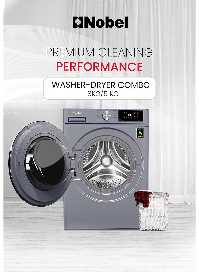Nobel - 8/5 Combo Washer Dryer with 8KG Washing Capacity, 5KG 100% Dryer, One-Touch Program, BLDC Inverter Motor, Big LED Display, 1400 RPM, Extra Slim Space Pro, 54L Drum, One year Warranty NWM860FS Grey - Image 1