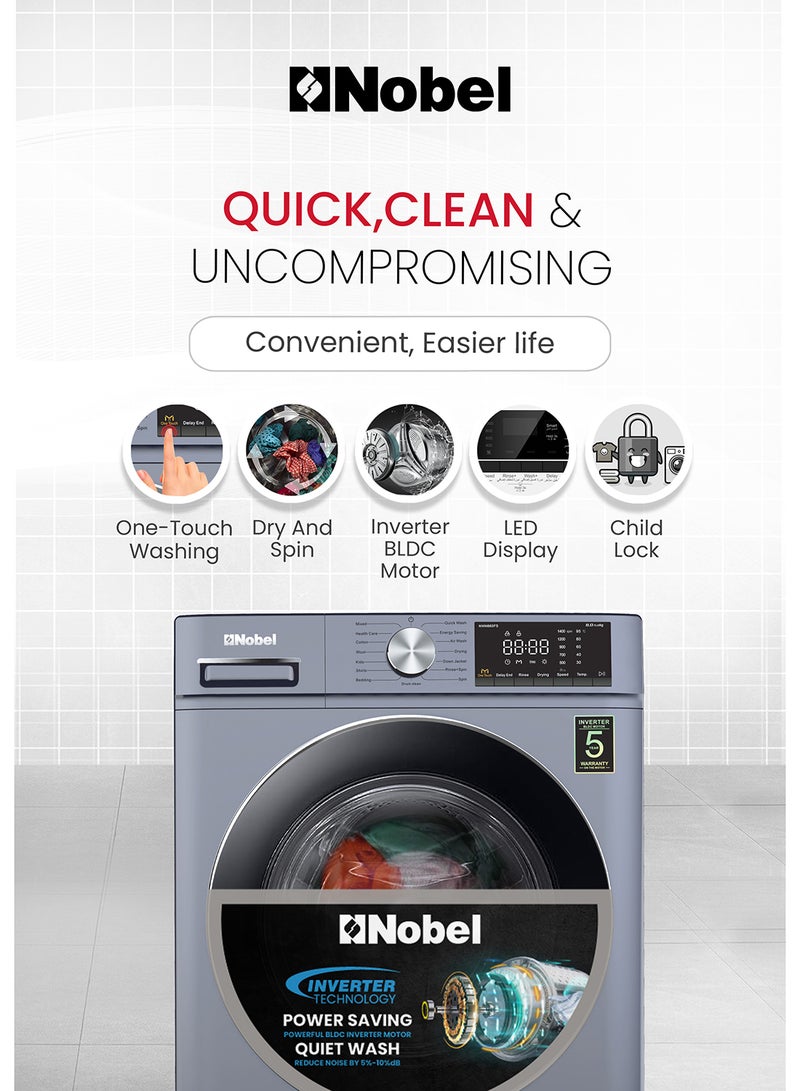 Nobel - 8/5 Combo Washer Dryer with 8KG Washing Capacity, 5KG 100% Dryer, One-Touch Program, BLDC Inverter Motor, Big LED Display, 1400 RPM, Extra Slim Space Pro, 54L Drum, One year Warranty NWM860FS Grey - Image 1