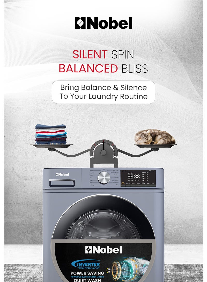 Nobel - 8/5 Combo Washer Dryer with 8KG Washing Capacity, 5KG 100% Dryer, One-Touch Program, BLDC Inverter Motor, Big LED Display, 1400 RPM, Extra Slim Space Pro, 54L Drum, One year Warranty NWM860FS Grey - Image 1