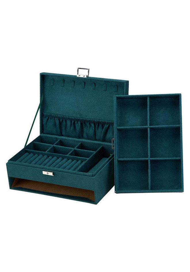 منظم صندوق المجوهرات كبير 3 طبقات صندوق مجوهرات مخملي منظم مجوهرات مع قفل حامل عرض المجوهرات لساعات الماكياج والقلادة (أخضر) - Image 1