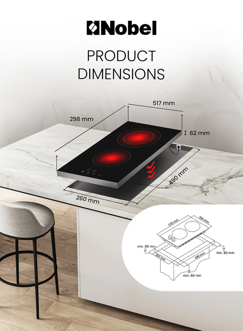 Nobel - 30 cm Vitro Ceramic Built-in Hobs, Black Ceran Glass Top, Front Touch Control Panel, Led Illuminated Touch Panel, Automatic Safety Cut-out, Hot Surface Alert Feature, Easy Cleanable High-Resistance Glass Surface, 9 Power Stages, 2900W Max NBI3020V Black - Image 1