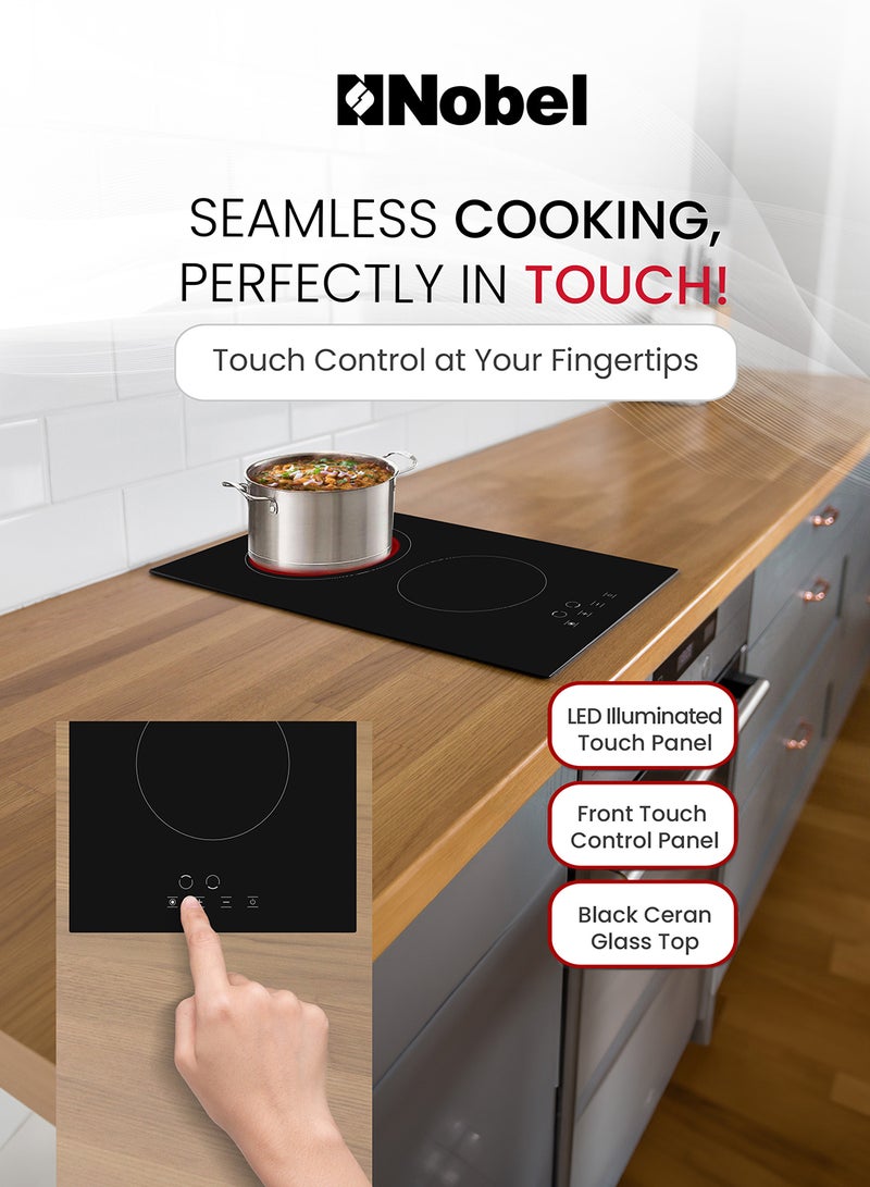 Nobel - 30 cm Vitro Ceramic Built-in Hobs, Black Ceran Glass Top, Front Touch Control Panel, Led Illuminated Touch Panel, Automatic Safety Cut-out, Hot Surface Alert Feature, Easy Cleanable High-Resistance Glass Surface, 9 Power Stages, 2900W Max NBI3020V Black - Image 1