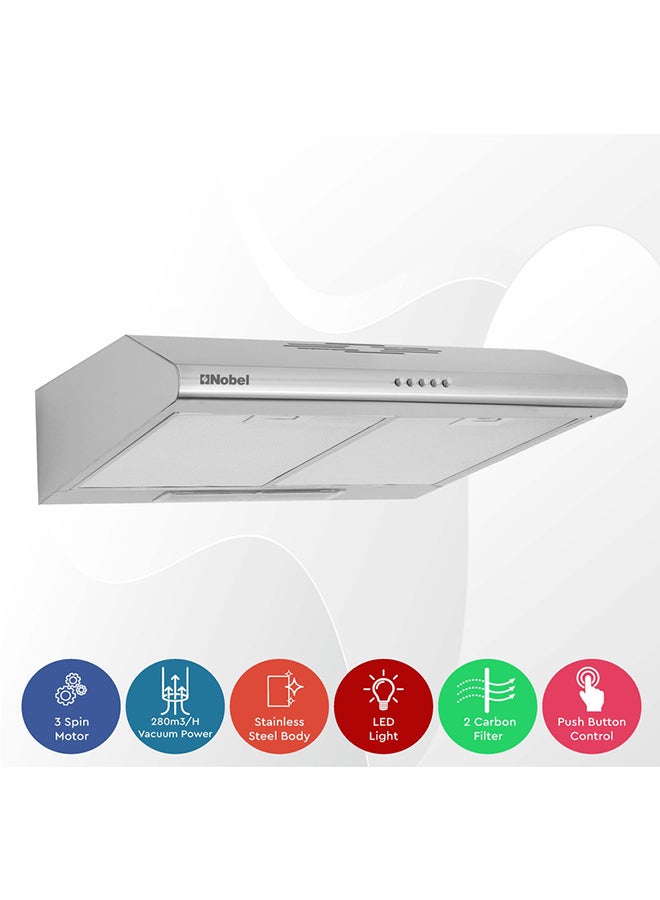 Nobel - 60cm Built In- Hood, Push Button Control, 3 Spin Motor, Stainless Steel Control Panel And Body, Carbon Filter, LED Light NBI7501CHSS Silver - Image 1