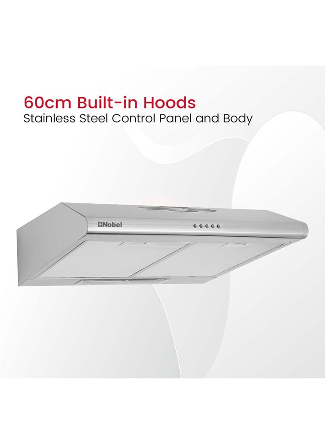 Nobel - 60cm Built In- Hood, Push Button Control, 3 Spin Motor, Stainless Steel Control Panel And Body, Carbon Filter, LED Light NBI7501CHSS Silver - Image 1
