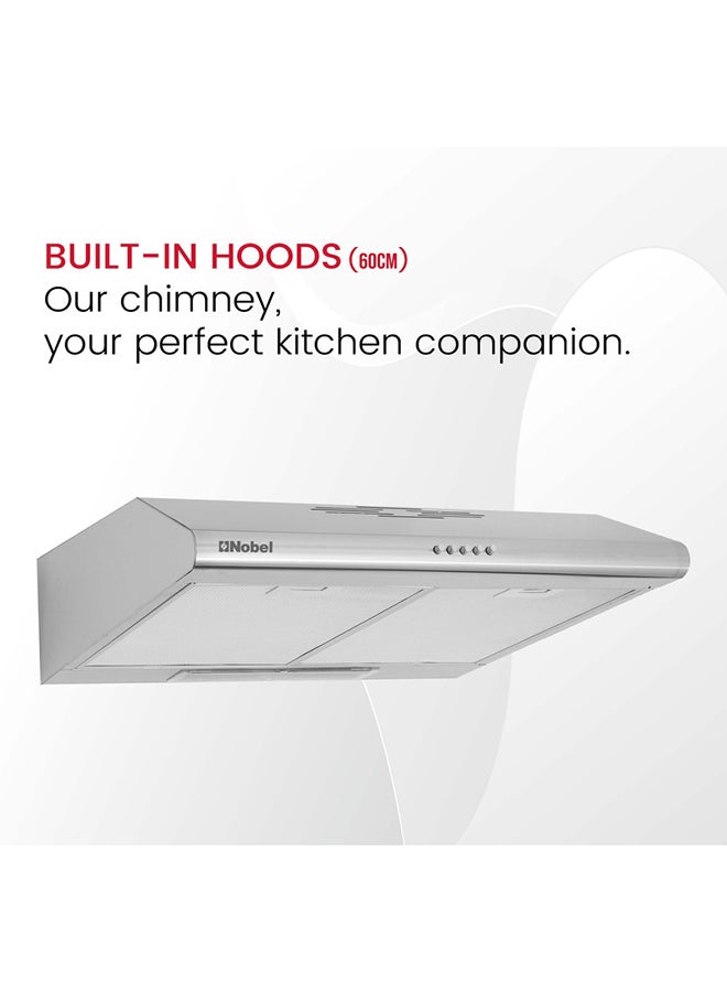 Nobel - 60cm Built In- Hood, Push Button Control, 3 Spin Motor, Stainless Steel Control Panel And Body, Carbon Filter, LED Light NBI7501CHSS Silver - Image 1