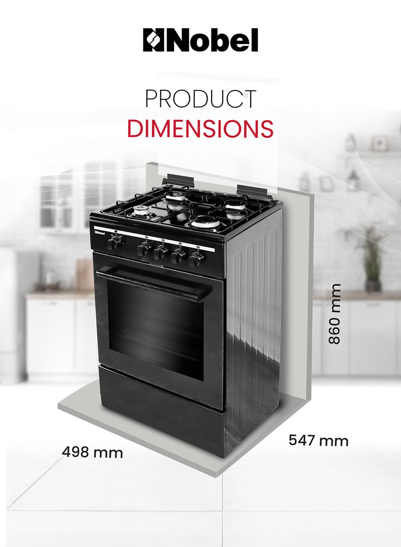 Nobel - 50x50 Gas Cooker with 4 Gas Burners, Gas Oven, Flame Failure Device, Black Enamel Top Plate, Euro Pool Type Hob, Made in Turkey, One year Warranty NGC5000BK Black - Image 1