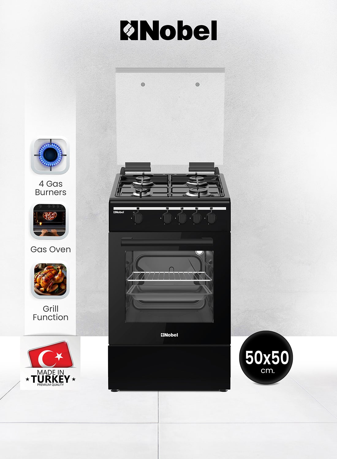 50x50 Gas Cooker with 4 Gas Burners, Gas Oven, Flame Failure Device, Black Enamel Top Plate, Euro Pool Type Hob, Made in Turkey, One year Warranty NGC5000BK Black 