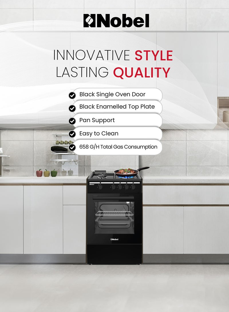 Nobel 50x50 Gas Cooker with 4 Gas Burners, Gas Oven, Flame Failure Device, Black Enamel Top Plate, Euro Pool Type Hob, Made in Turkey, One year Warranty NGC5000BK Black  - Image 5